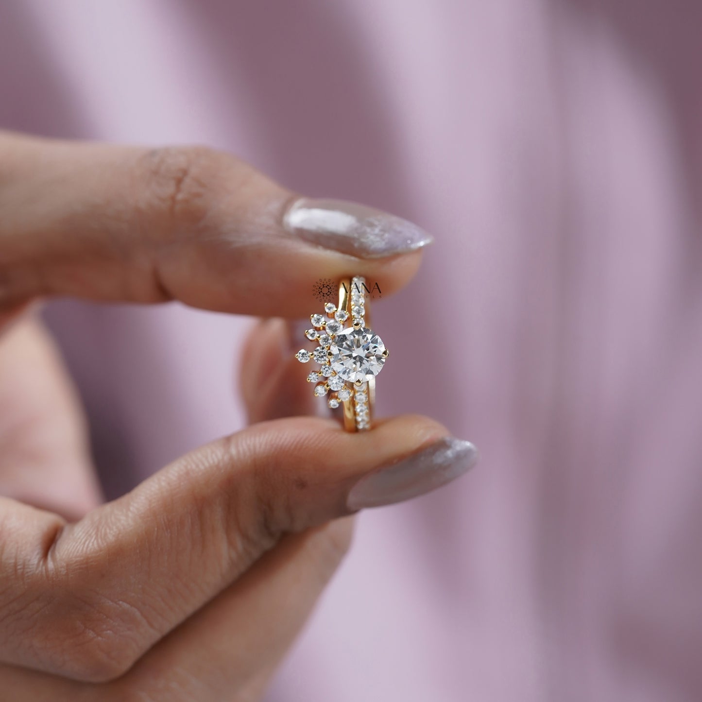 Round Diamond Engagement Ring Set with Tiara Wedding Band for Women