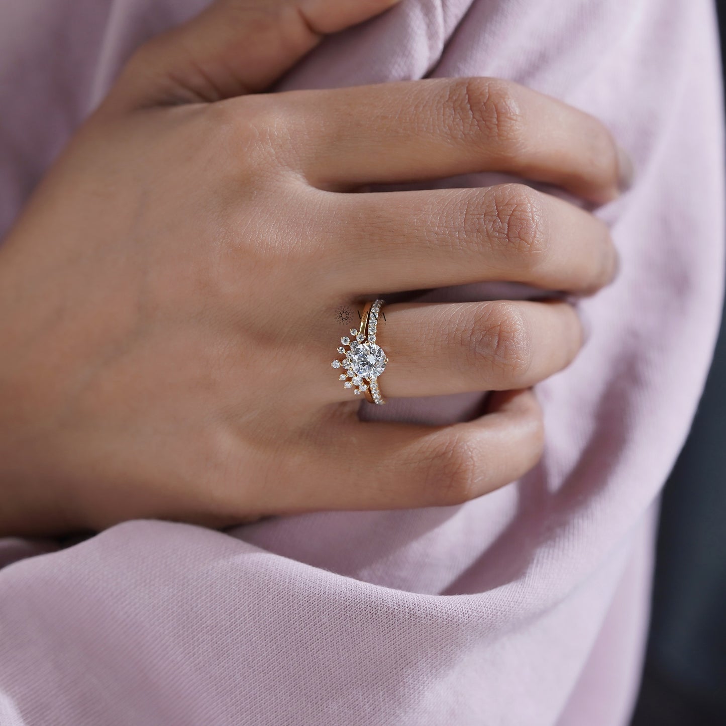 Round Diamond Engagement Ring Set with Tiara Wedding Band for Women