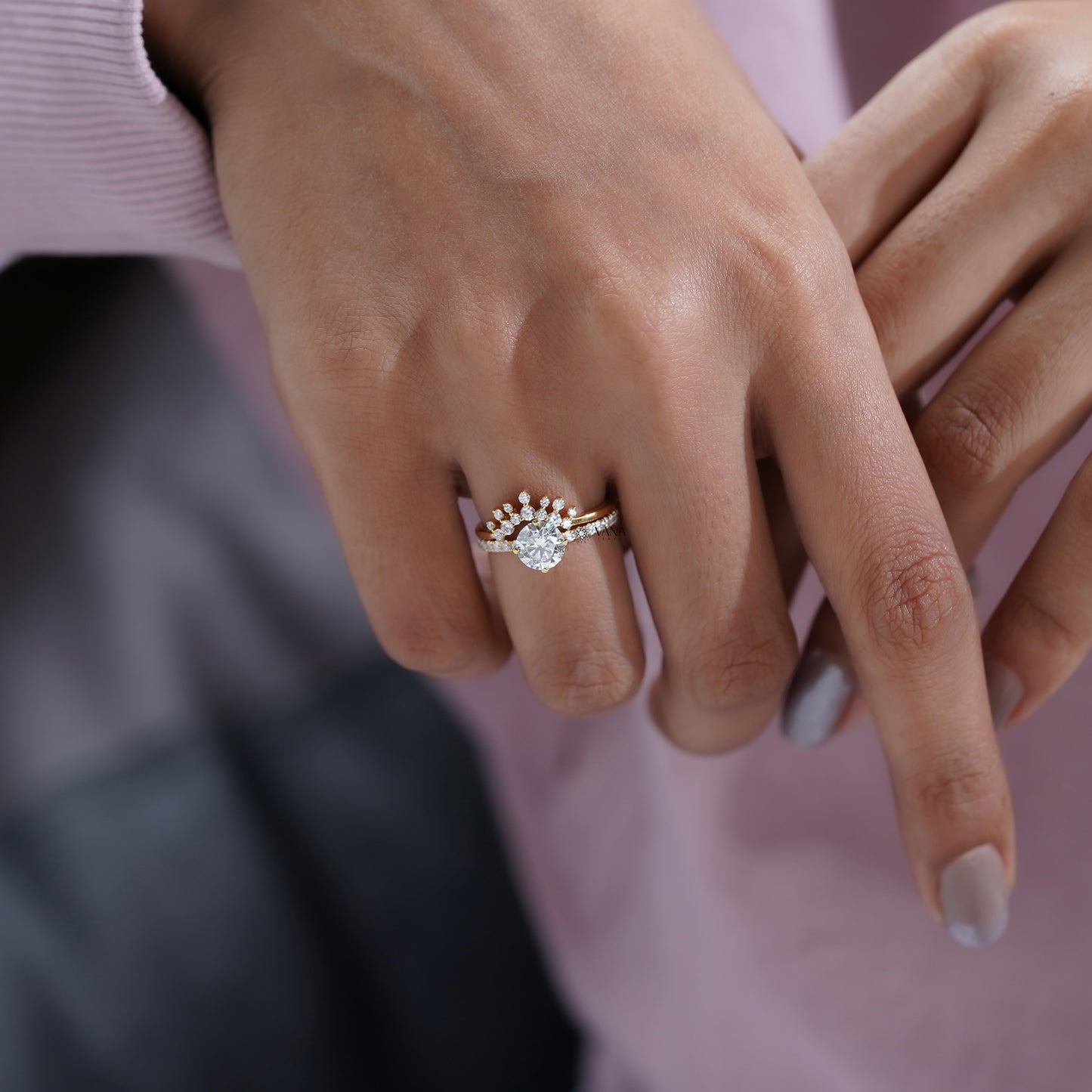 Round Diamond Engagement Ring Set with Tiara Wedding Band for Women