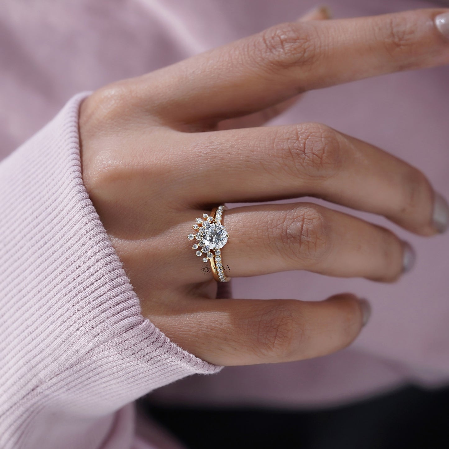 Round Diamond Engagement Ring Set with Tiara Wedding Band for Women