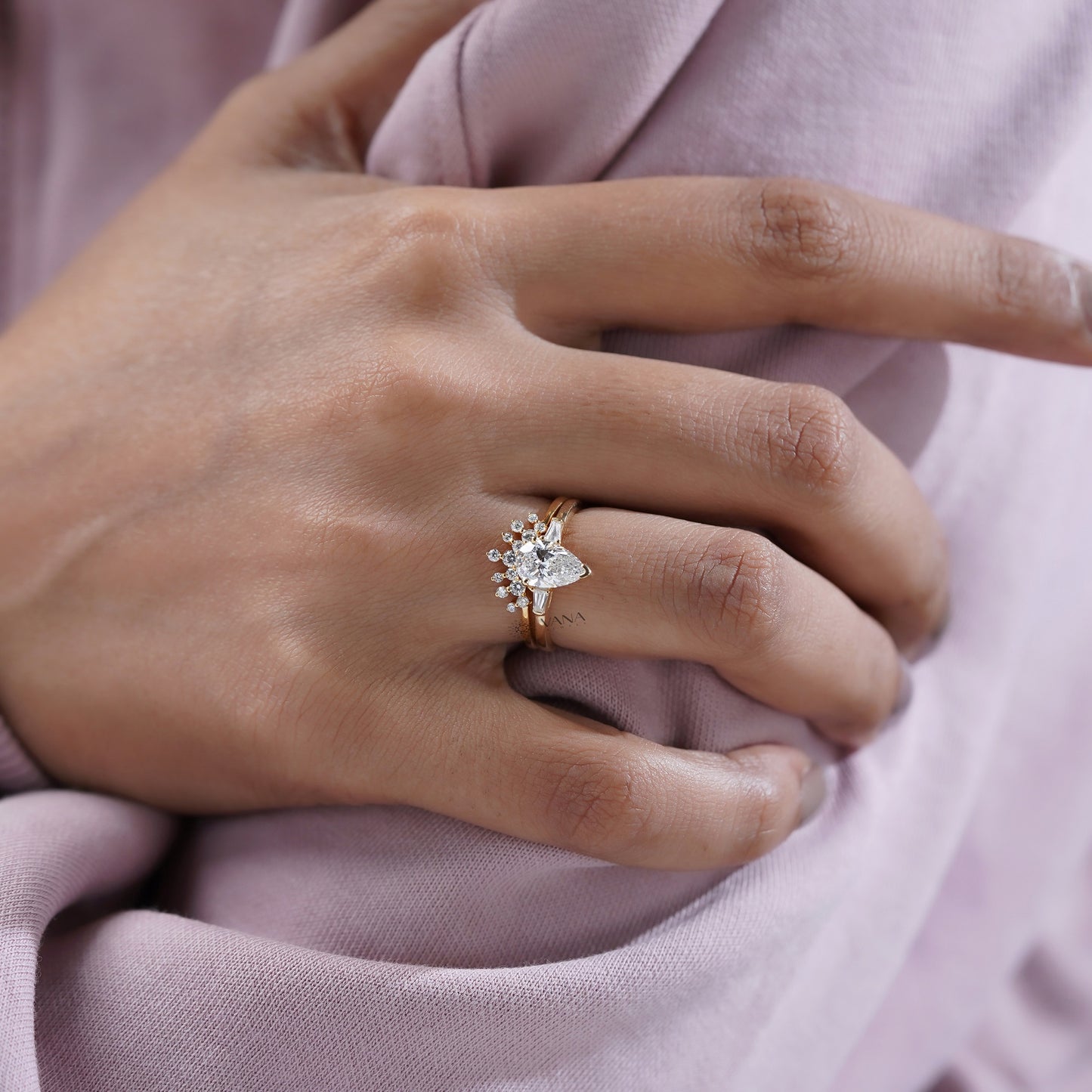 Three Stone Pear Cut Diamond Ring Set with Curved Style Band in Gold