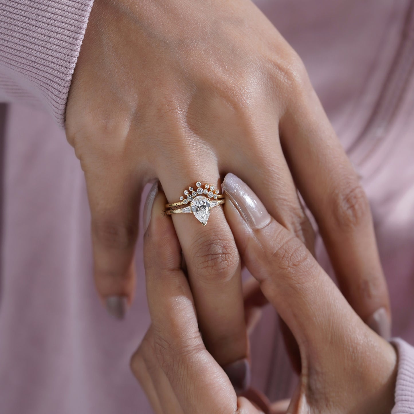 Three Stone Pear Cut Diamond Ring Set with Curved Style Band in Gold