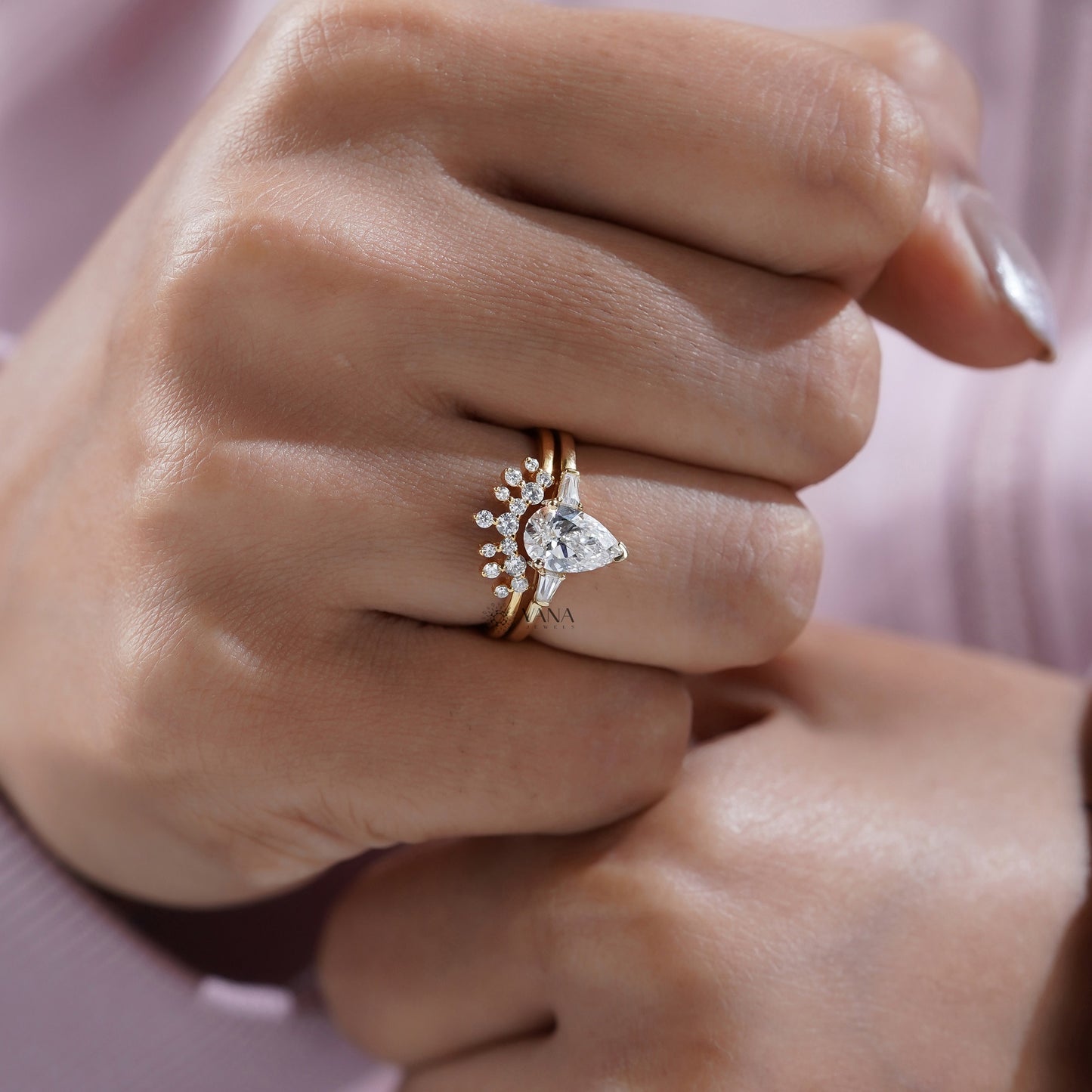 Three Stone Pear Cut Diamond Ring Set with Curved Style Band in Gold