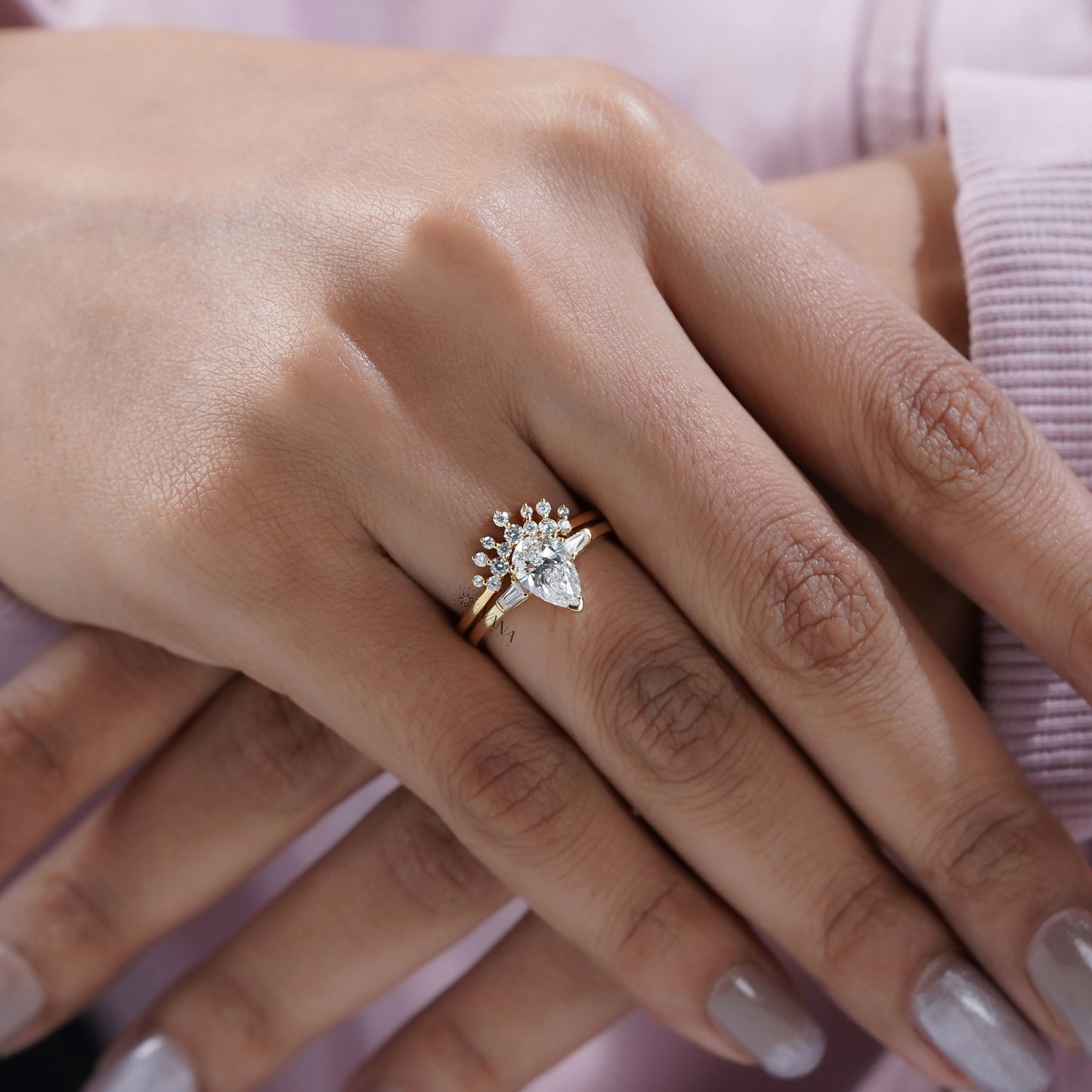 Three Stone Pear Cut Diamond Ring Set with Curved Style Band in Gold