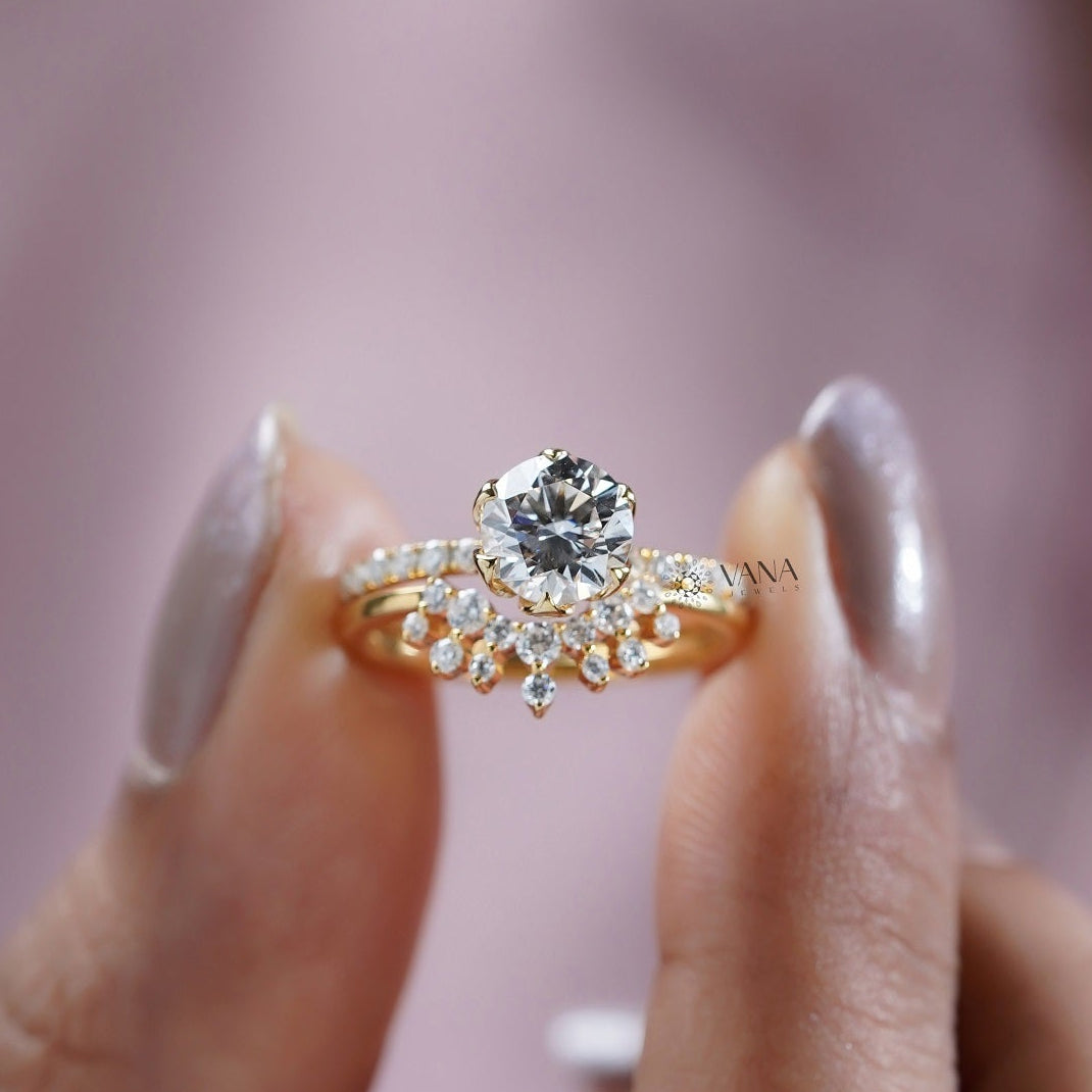 Round Cut Lab Grown Diamond Engagement Ring with Curved Wedding Band, Bridal Ring Set