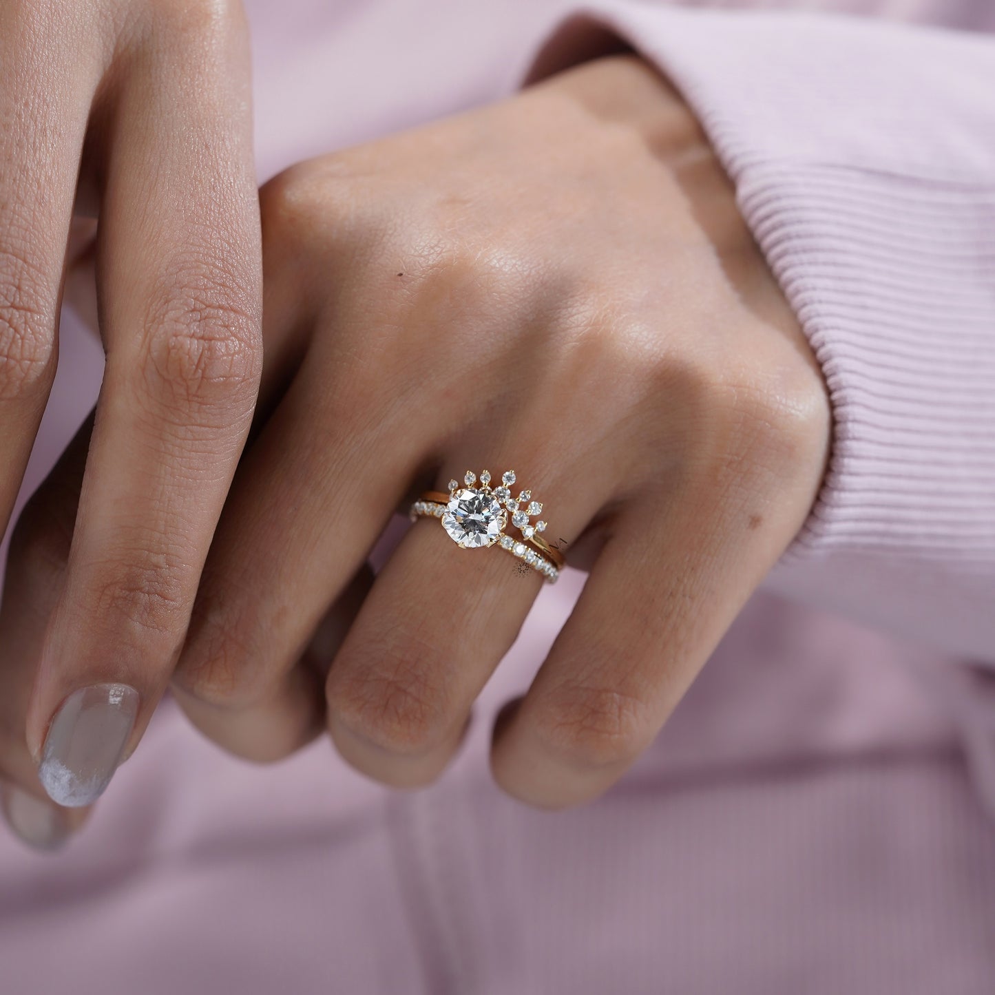 Round Cut Lab Grown Diamond Engagement Ring with Curved Wedding Band, Bridal Ring Set