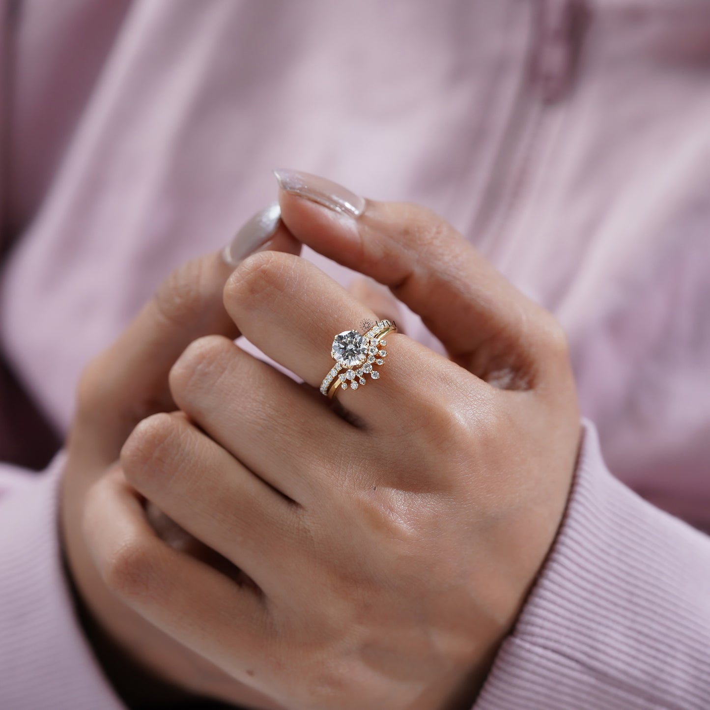 Round Cut Lab Grown Diamond Engagement Ring with Curved Wedding Band, Bridal Ring Set