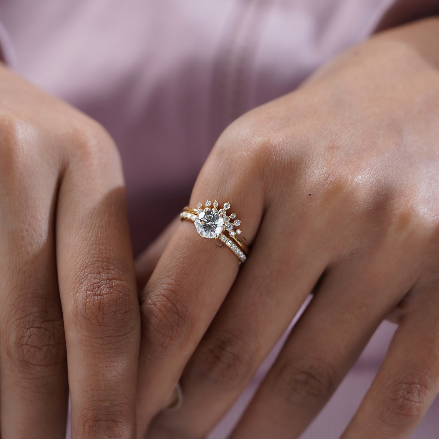 Round Cut Lab Grown Diamond Engagement Ring with Curved Wedding Band, Bridal Ring Set