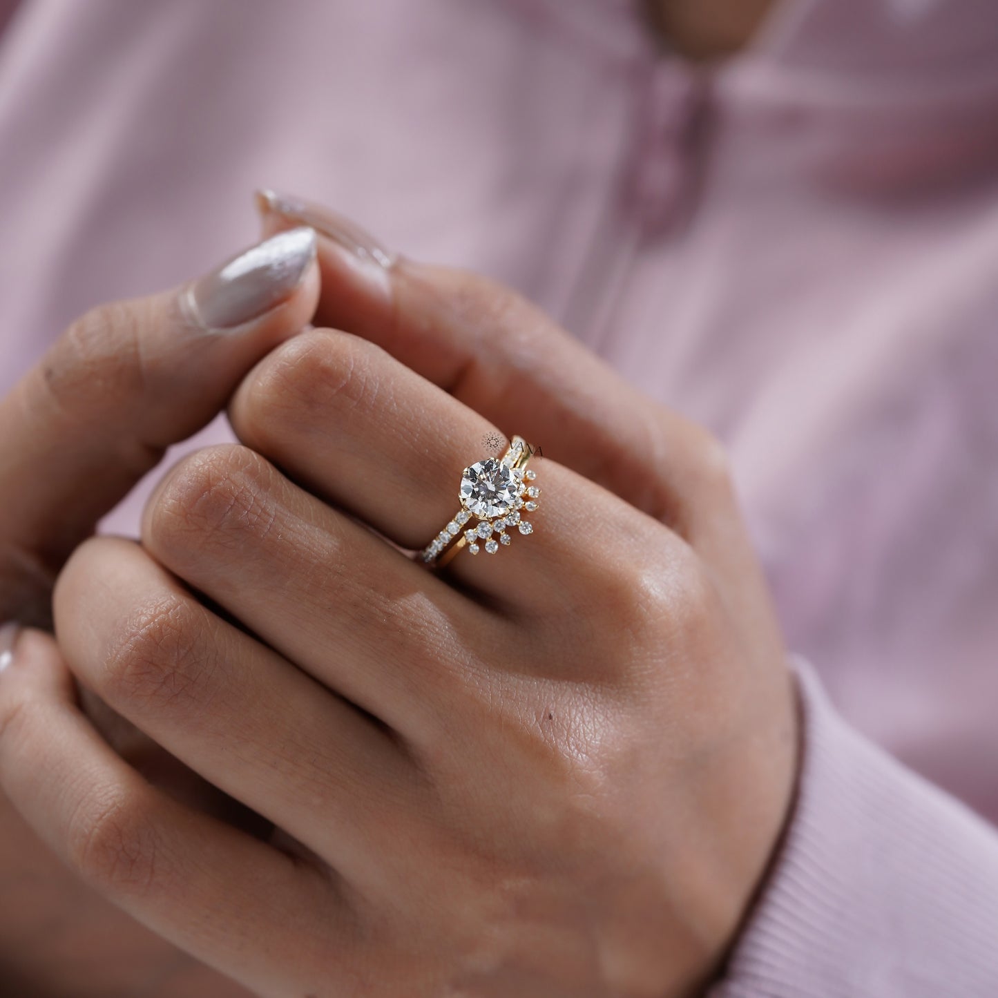 Round Cut Lab Grown Diamond Engagement Ring with Curved Wedding Band, Bridal Ring Set