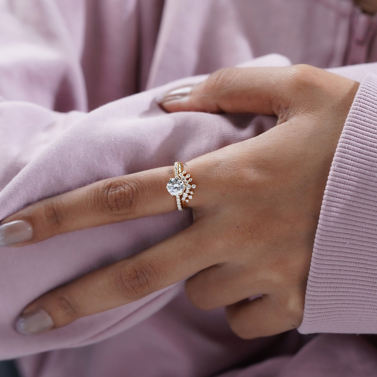 Round Cut Lab Grown Diamond Engagement Ring with Curved Wedding Band, Bridal Ring Set