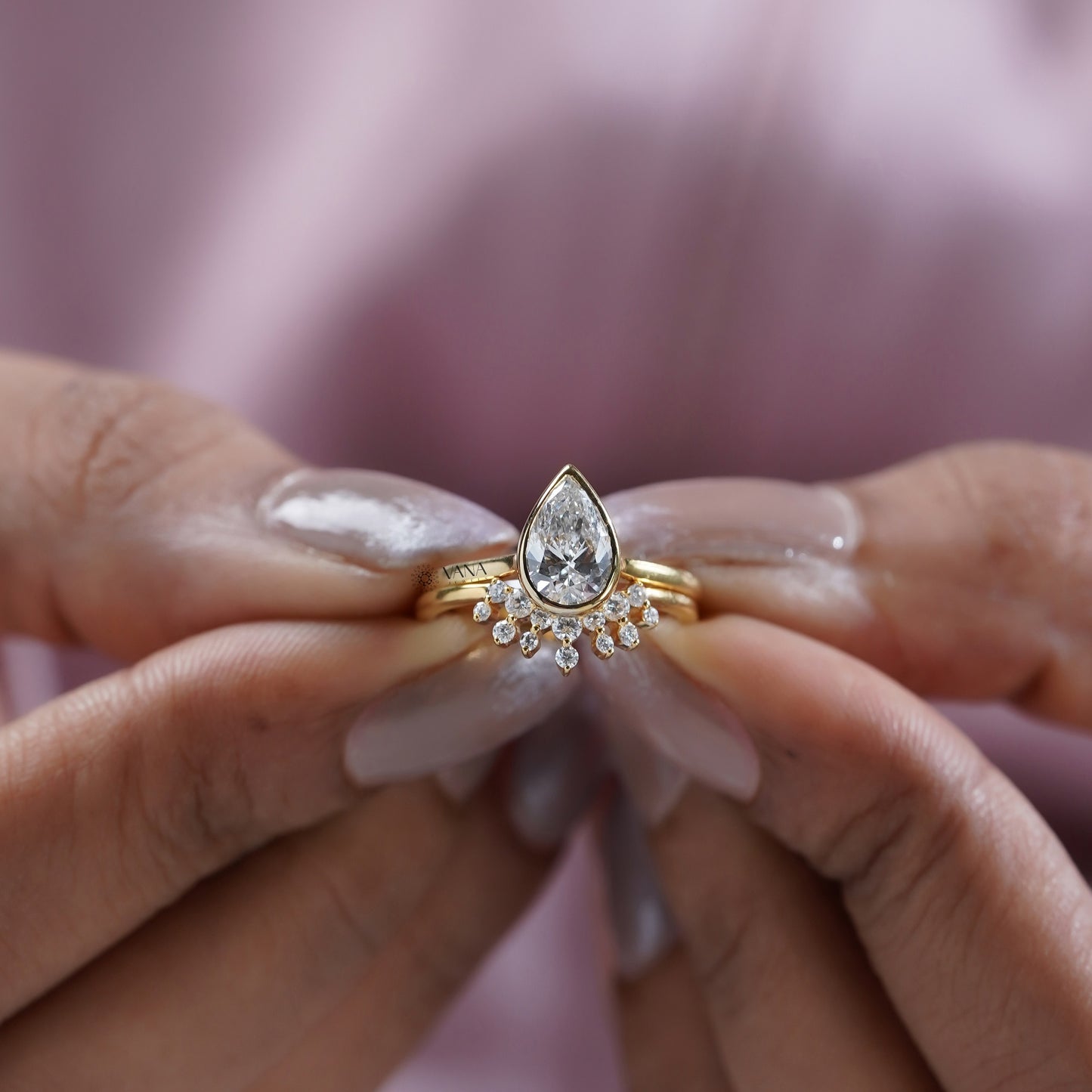 Pear Cut Bezel Set Diamond Engagement Ring with Curved Band, Lab Grown Bridal Set