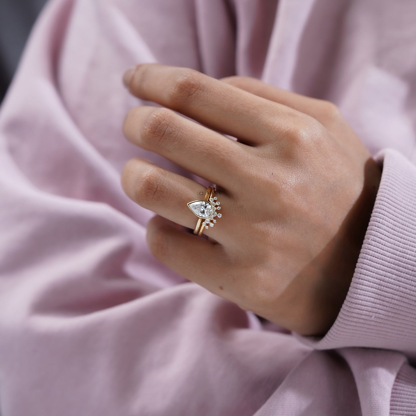 Pear Cut Bezel Set Diamond Engagement Ring with Curved Band, Lab Grown Bridal Set