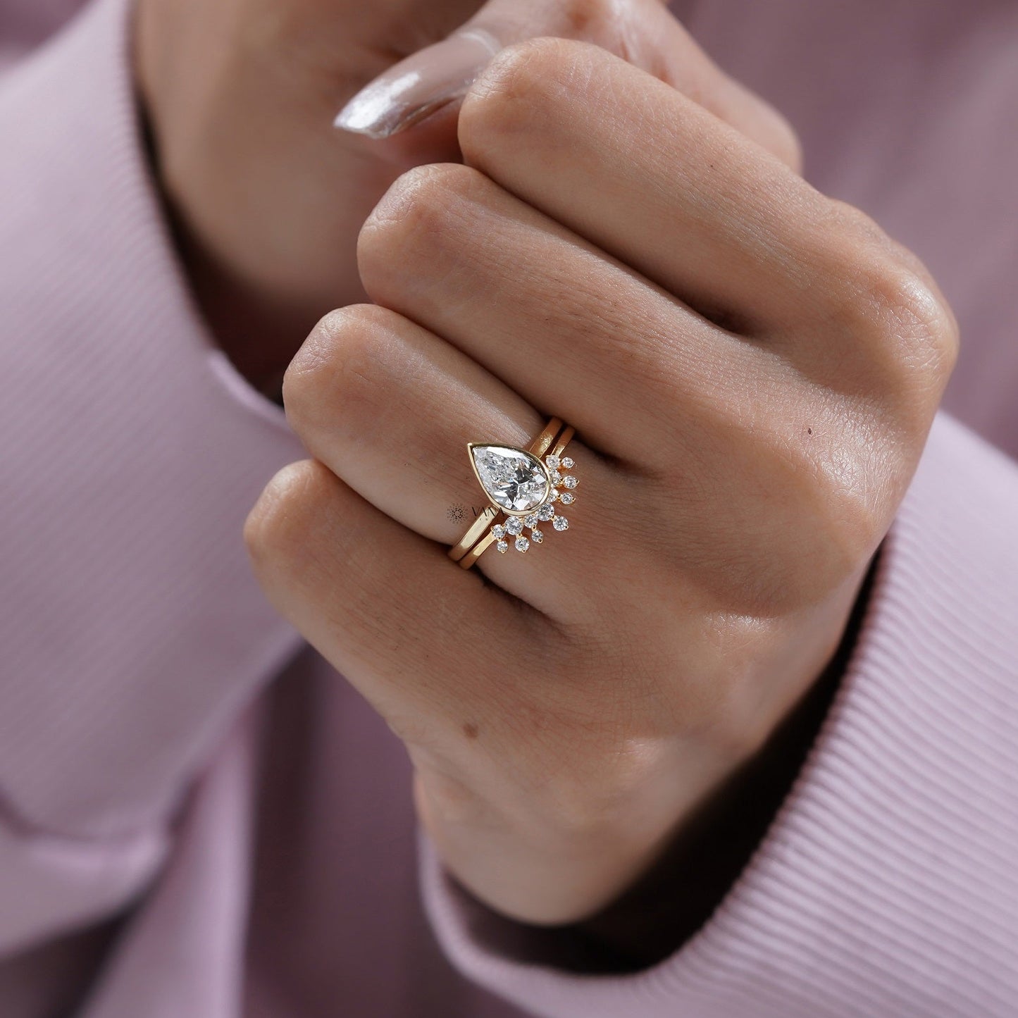 Pear Cut Bezel Set Diamond Engagement Ring with Curved Band, Lab Grown Bridal Set