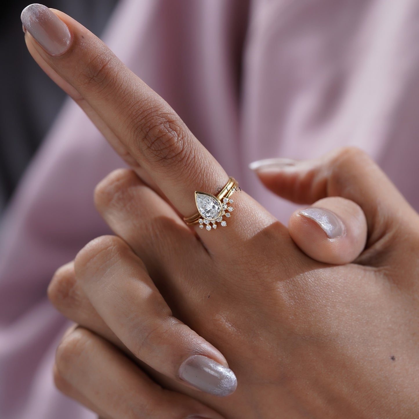 Pear Cut Bezel Set Diamond Engagement Ring with Curved Band, Lab Grown Bridal Set