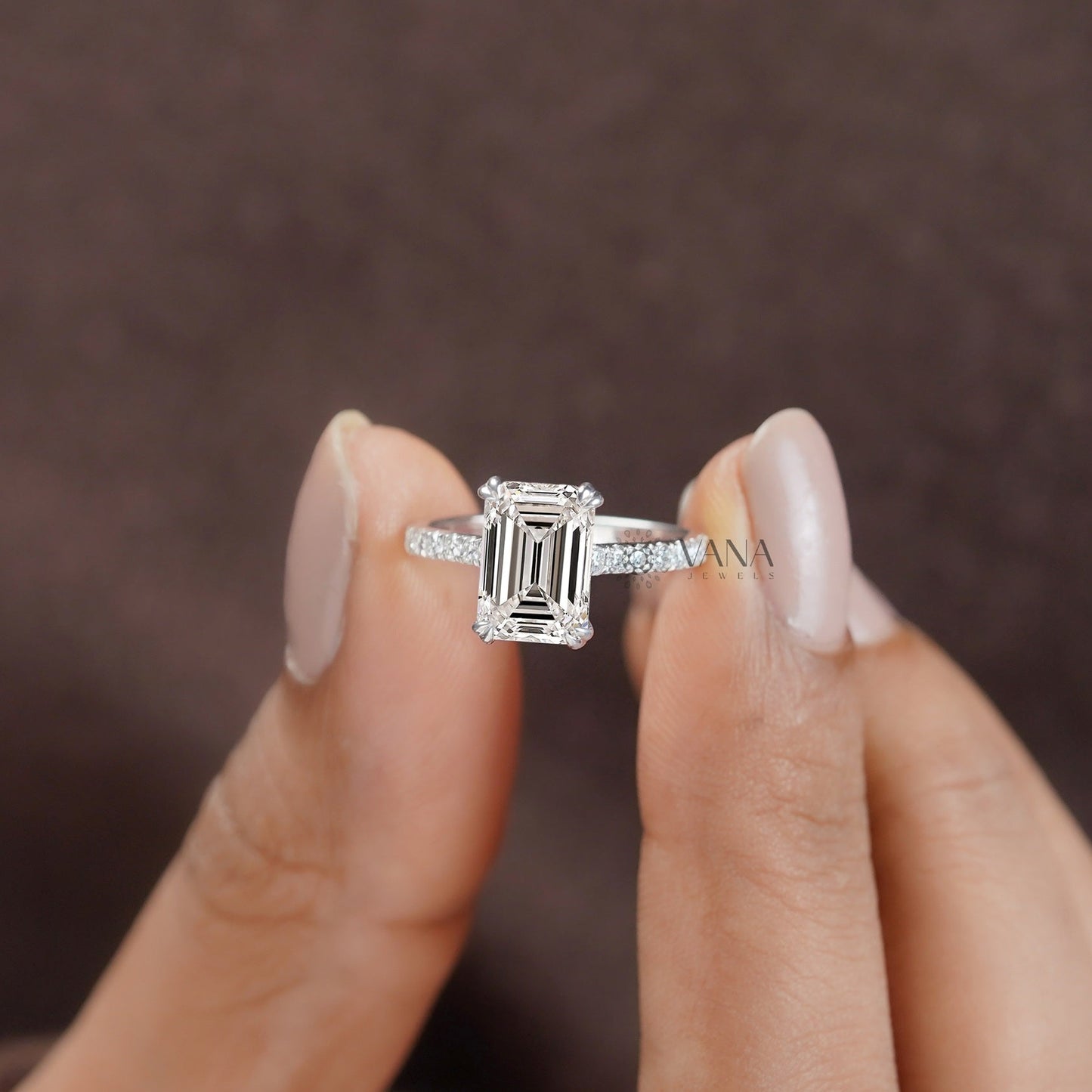 Lab-Grown Emerald Cut Diamond Engagement Ring with Hidden Halo & Pave Setting