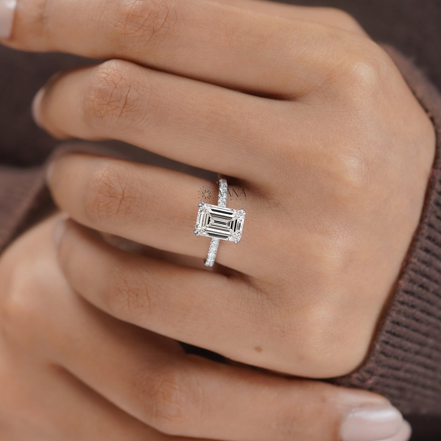 Lab-Grown Emerald Cut Diamond Engagement Ring with Hidden Halo & Pave Setting