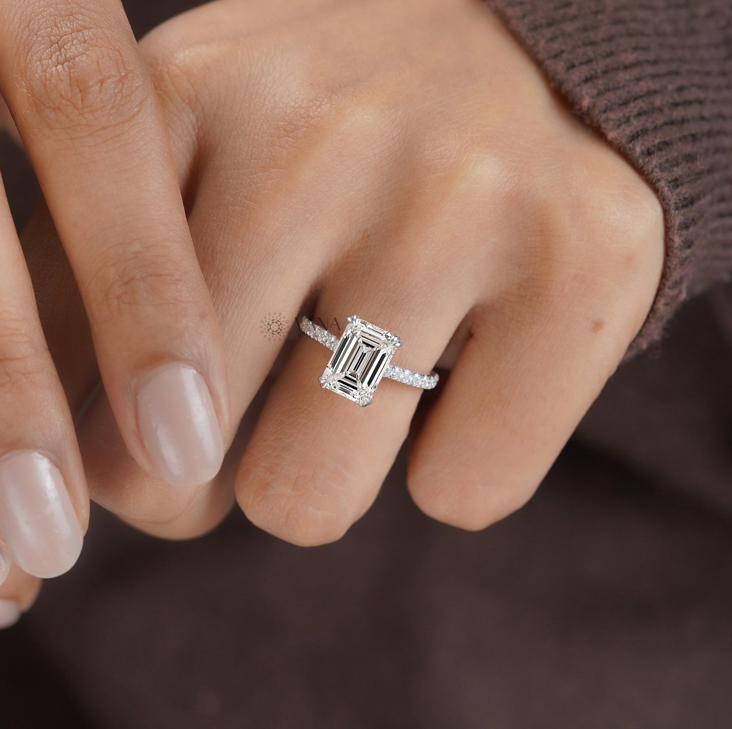 Lab-Grown Emerald Cut Diamond Engagement Ring with Hidden Halo & Pave Setting