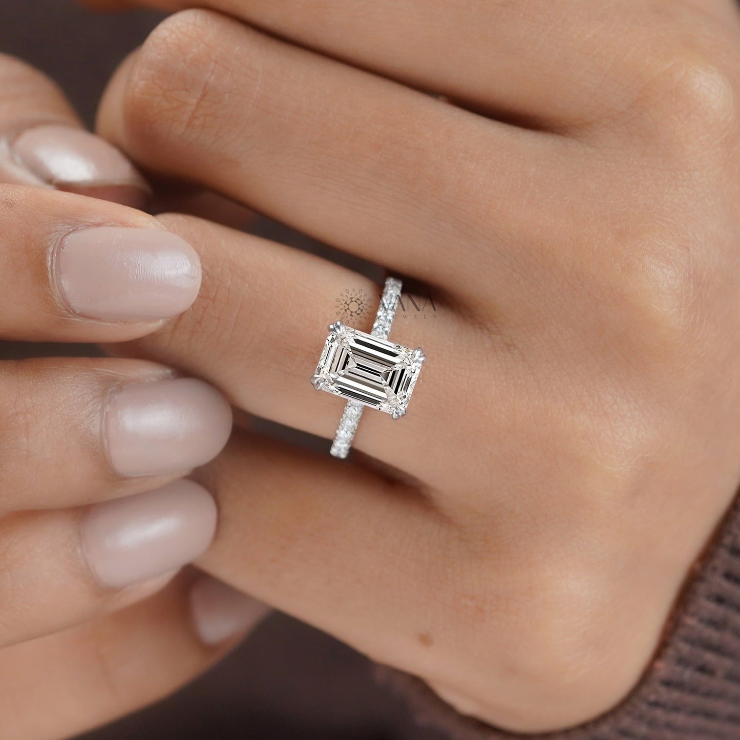 Lab-Grown Emerald Cut Diamond Engagement Ring with Hidden Halo & Pave Setting