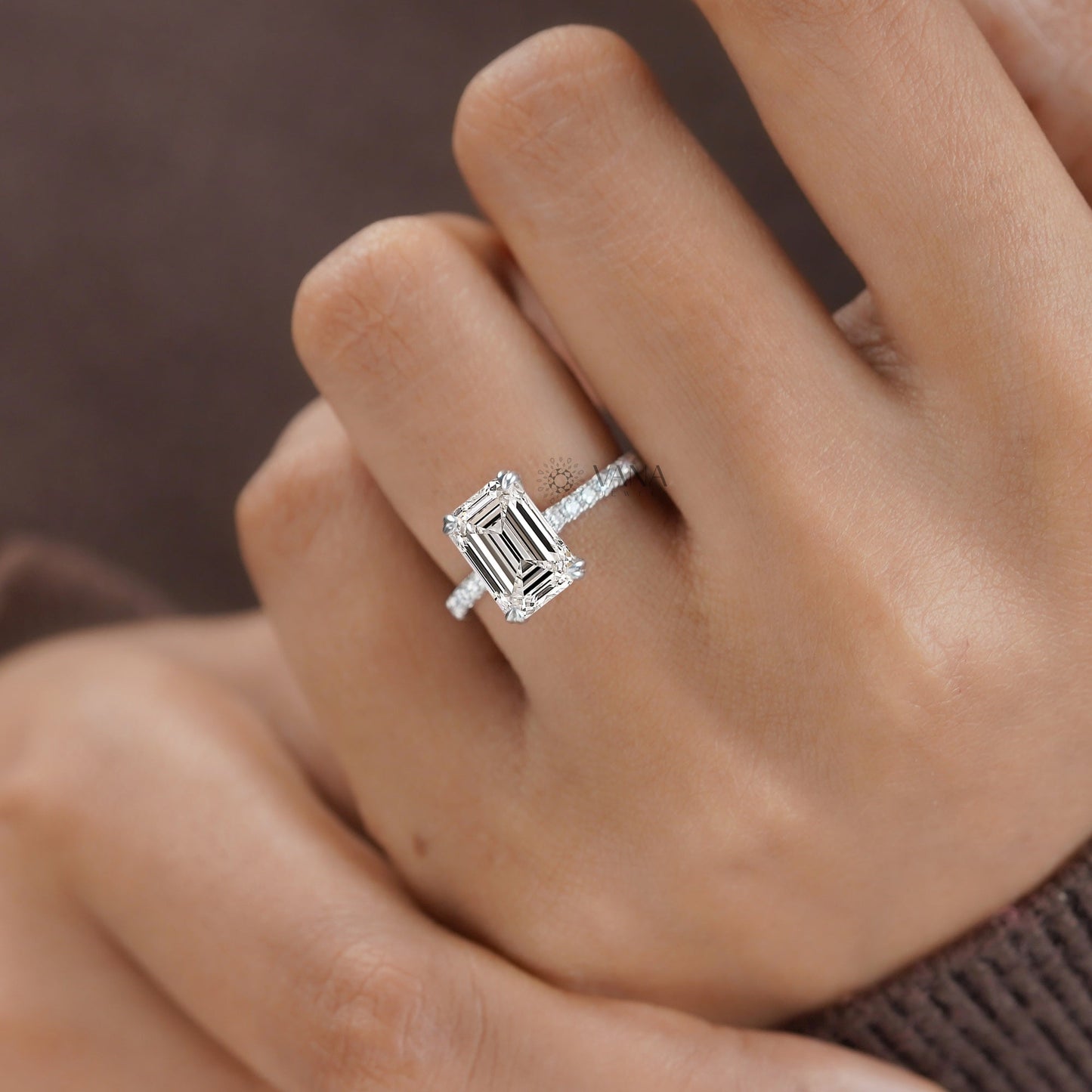 Lab-Grown Emerald Cut Diamond Engagement Ring with Hidden Halo & Pave Setting