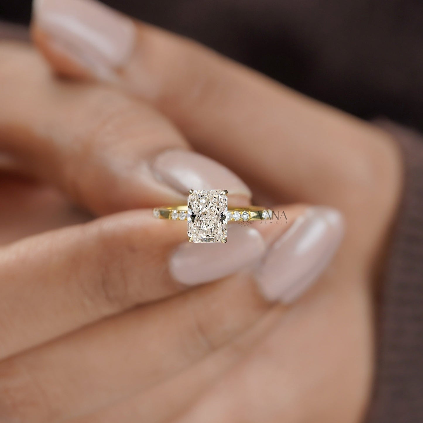 Radiant Cut Lab-Grown Diamond Engagement Ring with Hidden Halo & Distance Pave Setting