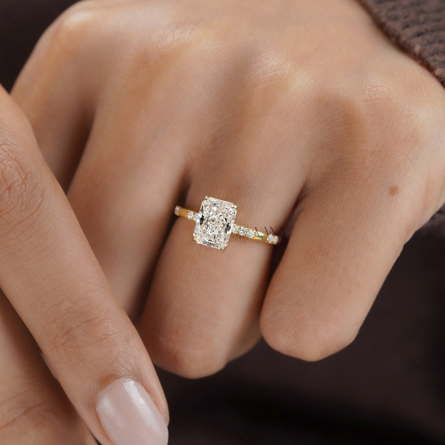 Radiant Cut Lab-Grown Diamond Engagement Ring with Hidden Halo & Distance Pave Setting