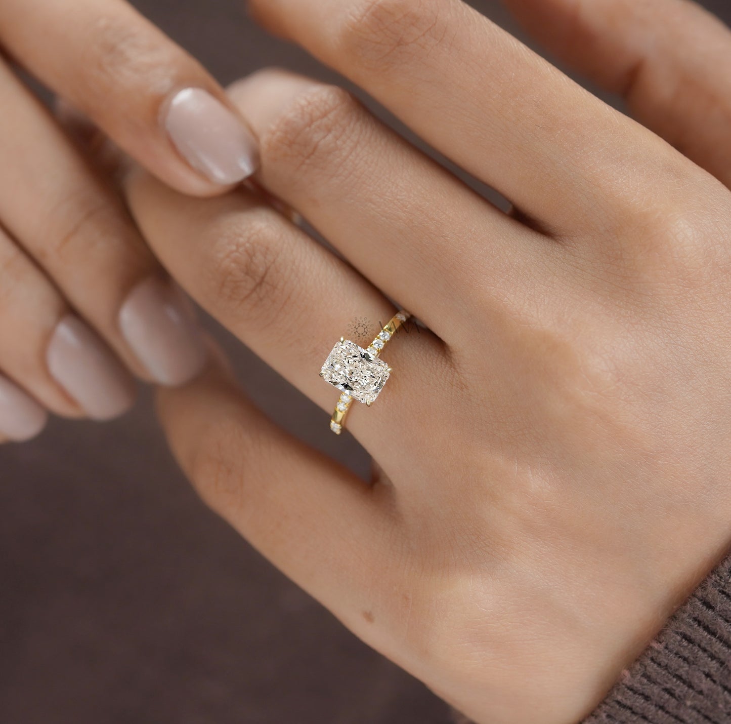 Radiant Cut Lab-Grown Diamond Engagement Ring with Hidden Halo & Distance Pave Setting