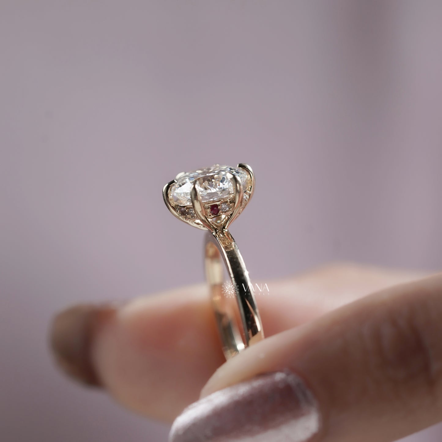 Portuguese Cut Lab Grown Diamond Solitaire Ring, Hidden Halo Engagement Ring