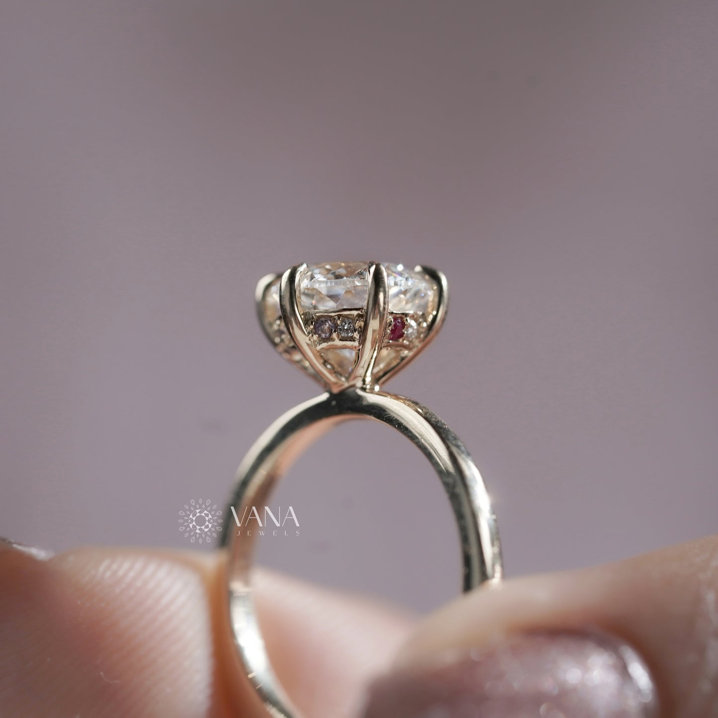 Portuguese Cut Lab Grown Diamond Solitaire Ring, Hidden Halo Engagement Ring