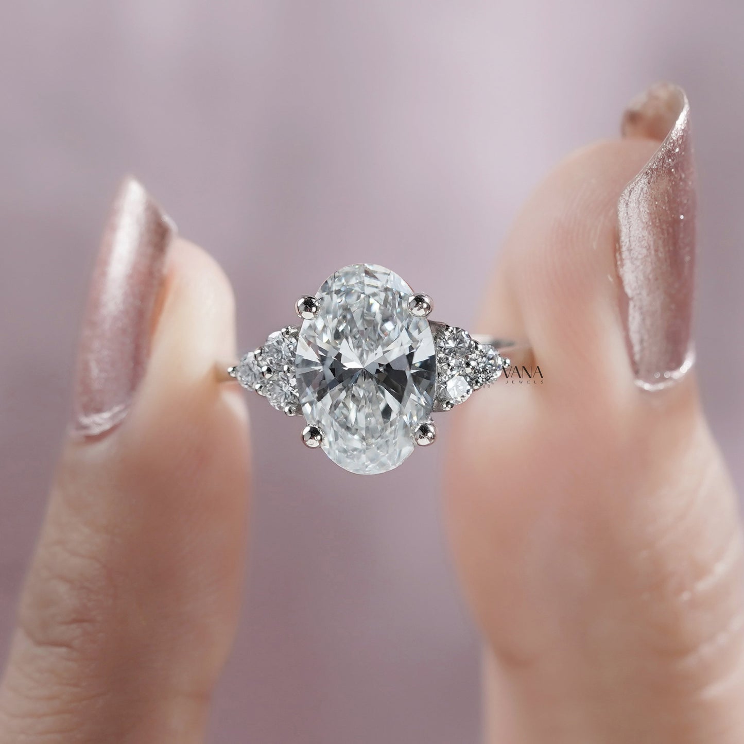 Oval Lab Grown Diamond Engagement Ring with Side Accents in White Gold