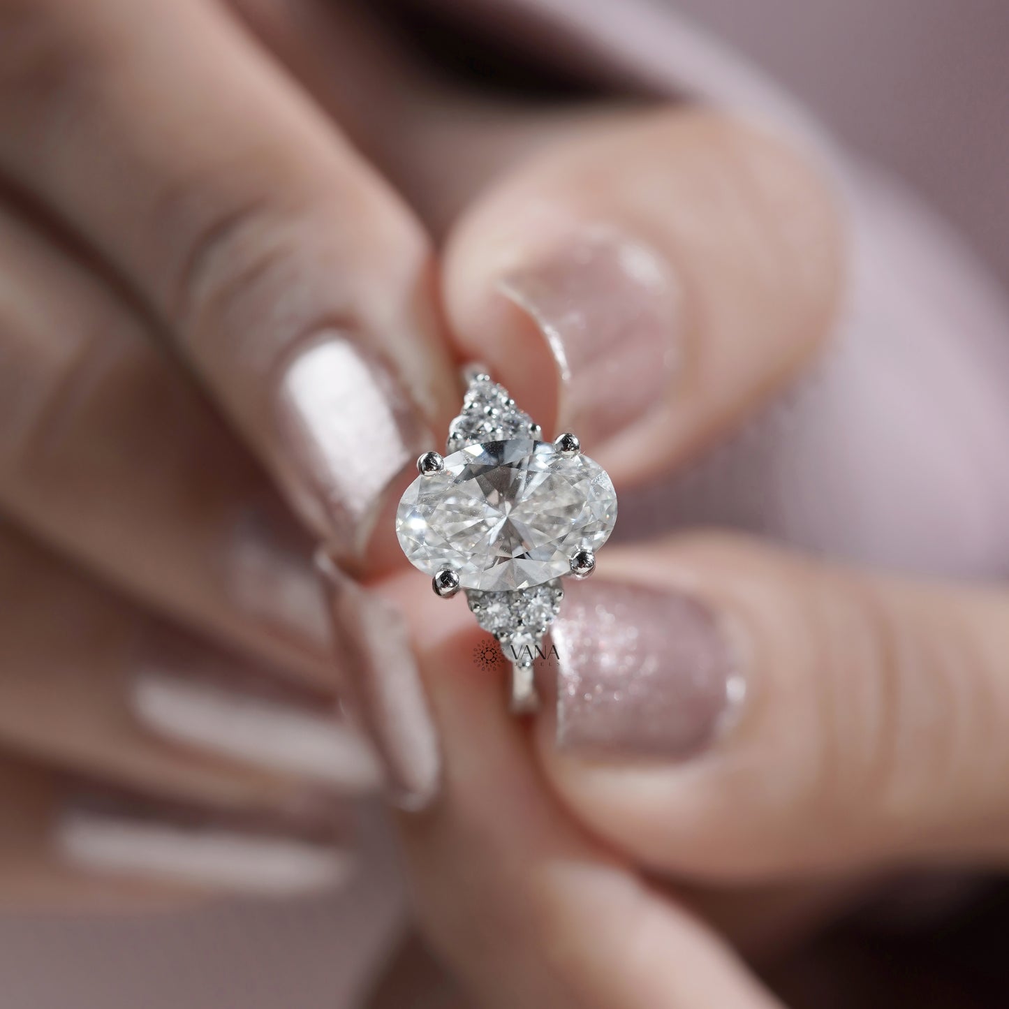 Oval Lab Grown Diamond Engagement Ring with Side Accents in White Gold