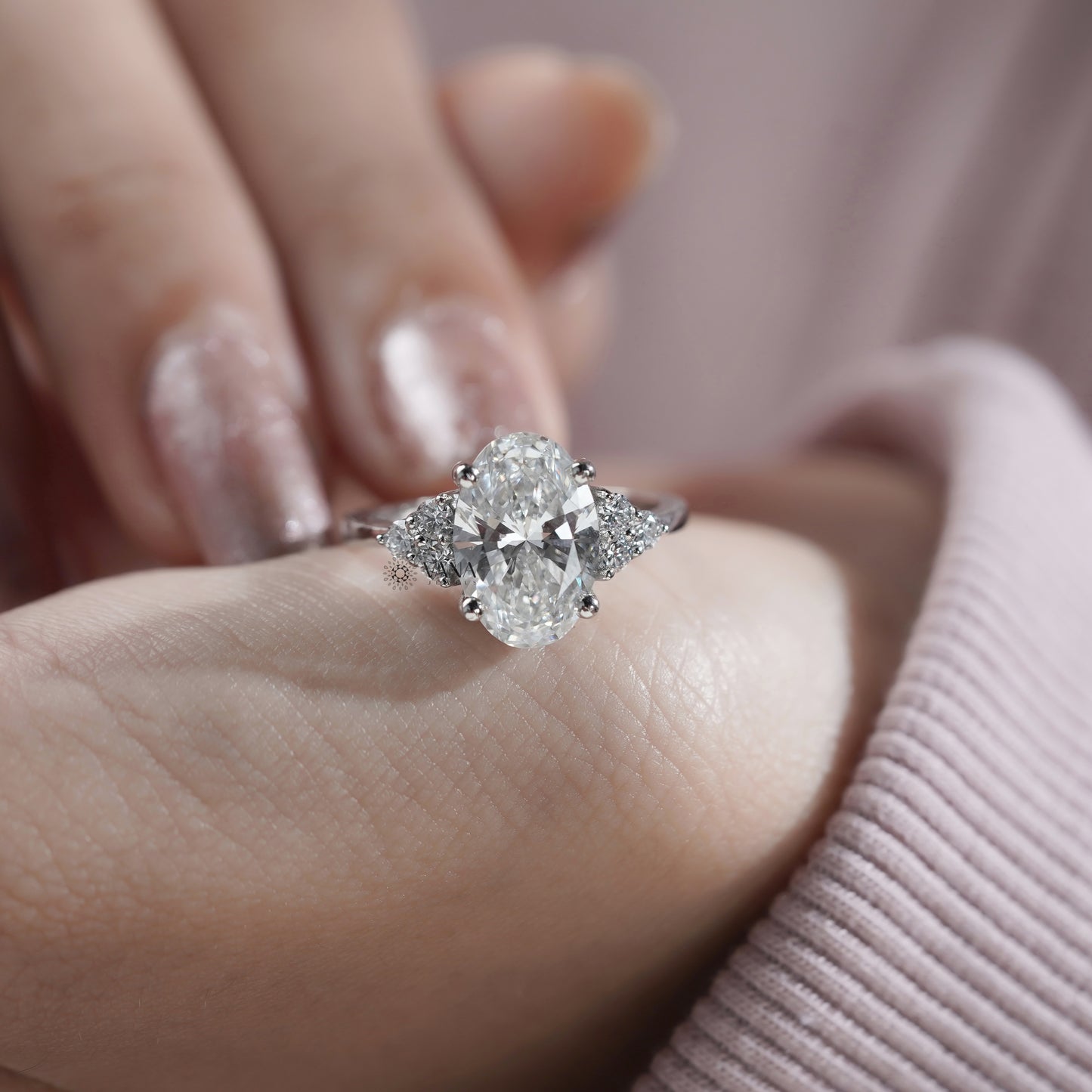 Oval Lab Grown Diamond Engagement Ring with Side Accents in White Gold