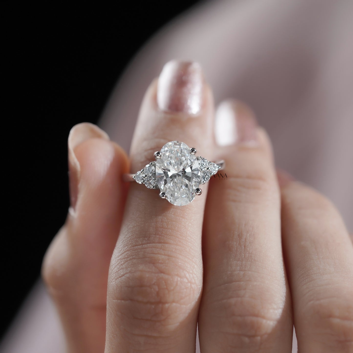 Oval Lab Grown Diamond Engagement Ring with Side Accents in White Gold