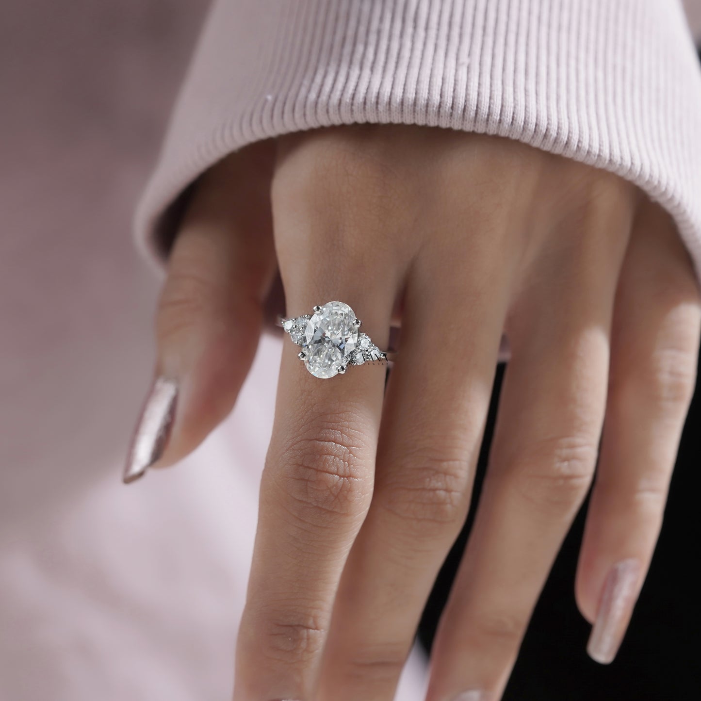 Oval Lab Grown Diamond Engagement Ring with Side Accents in White Gold