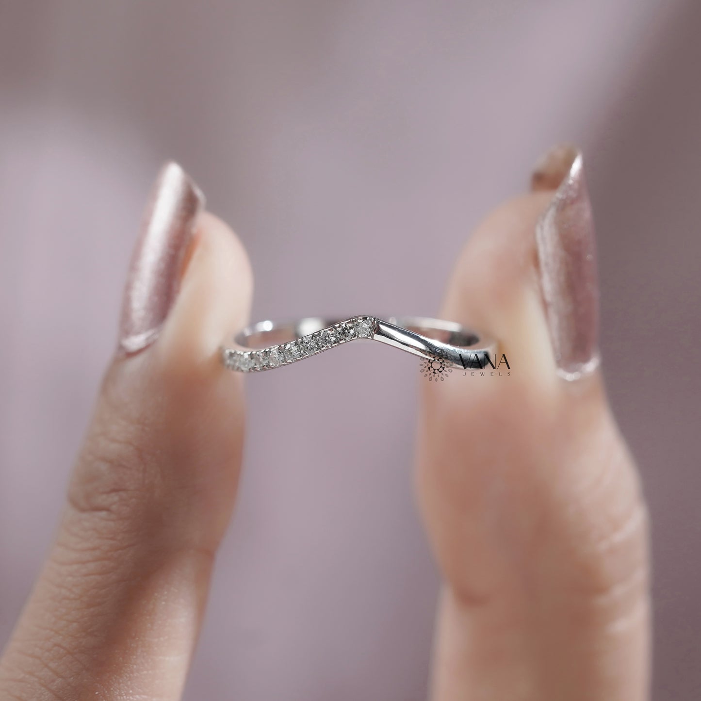 V-Shaped Lab Grown Diamond Wedding Eternity Band, Curved Stackable Matching Ring