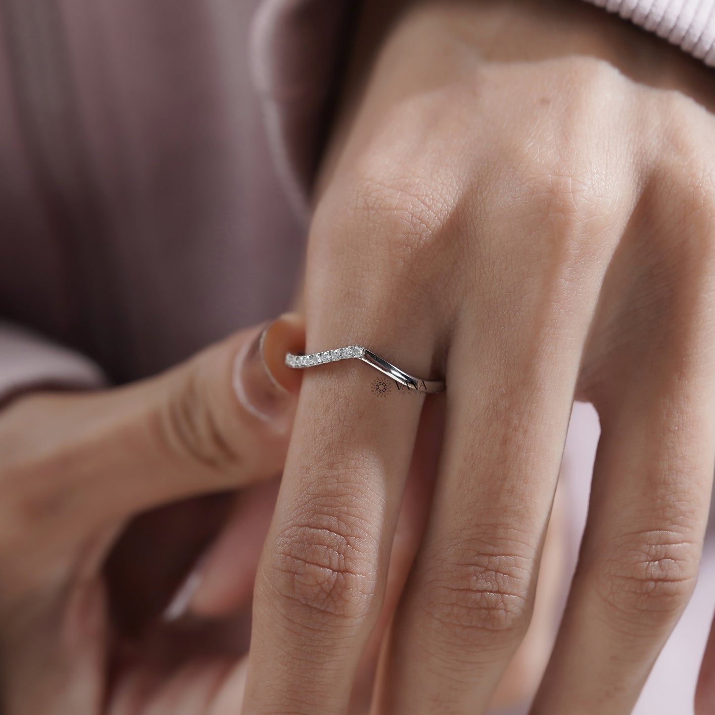 V-Shaped Lab Grown Diamond Wedding Eternity Band, Curved Stackable Matching Ring