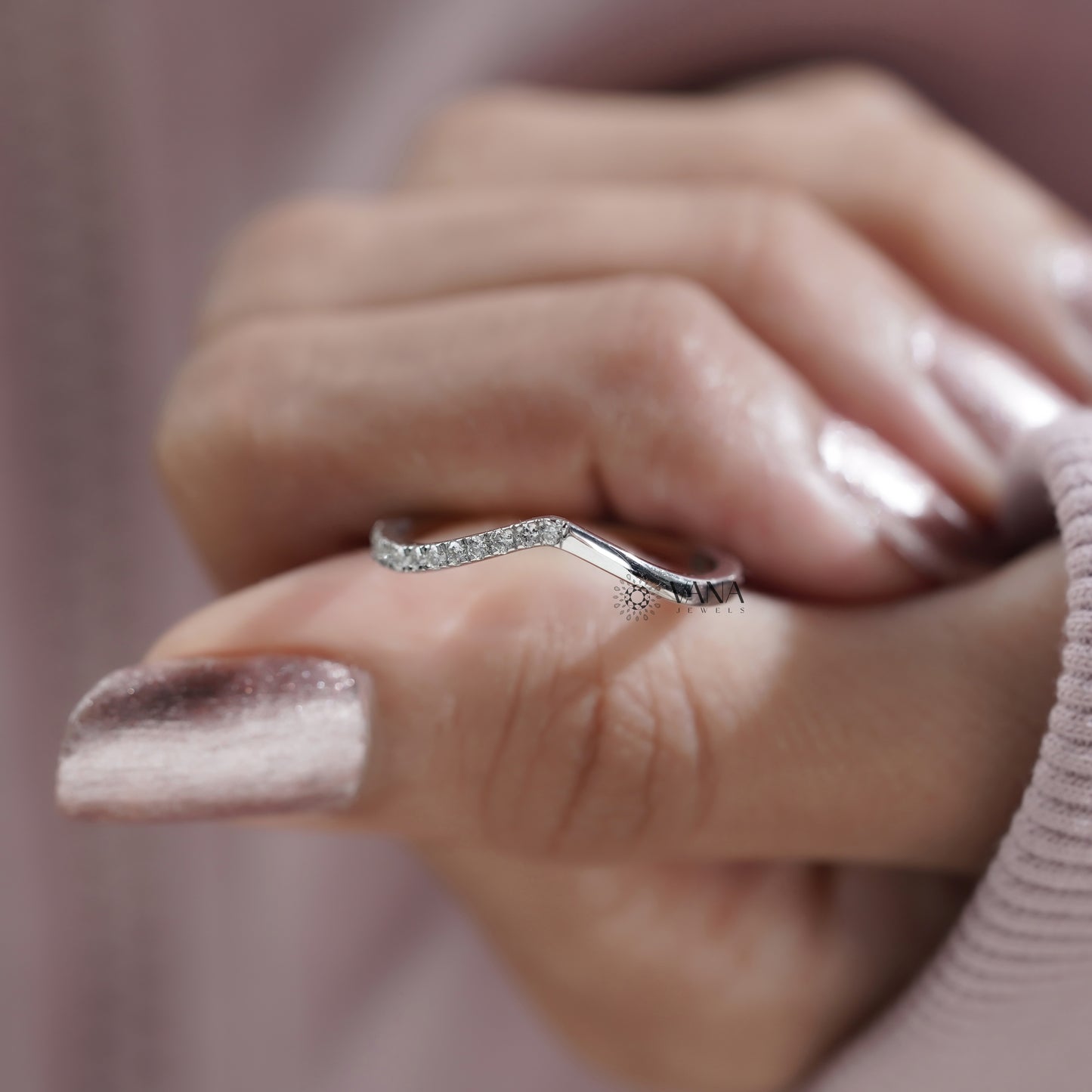 V-Shaped Lab Grown Diamond Wedding Eternity Band, Curved Stackable Matching Ring