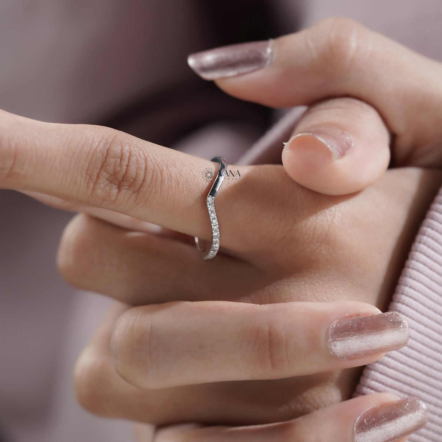 V-Shaped Lab Grown Diamond Wedding Eternity Band, Curved Stackable Matching Ring