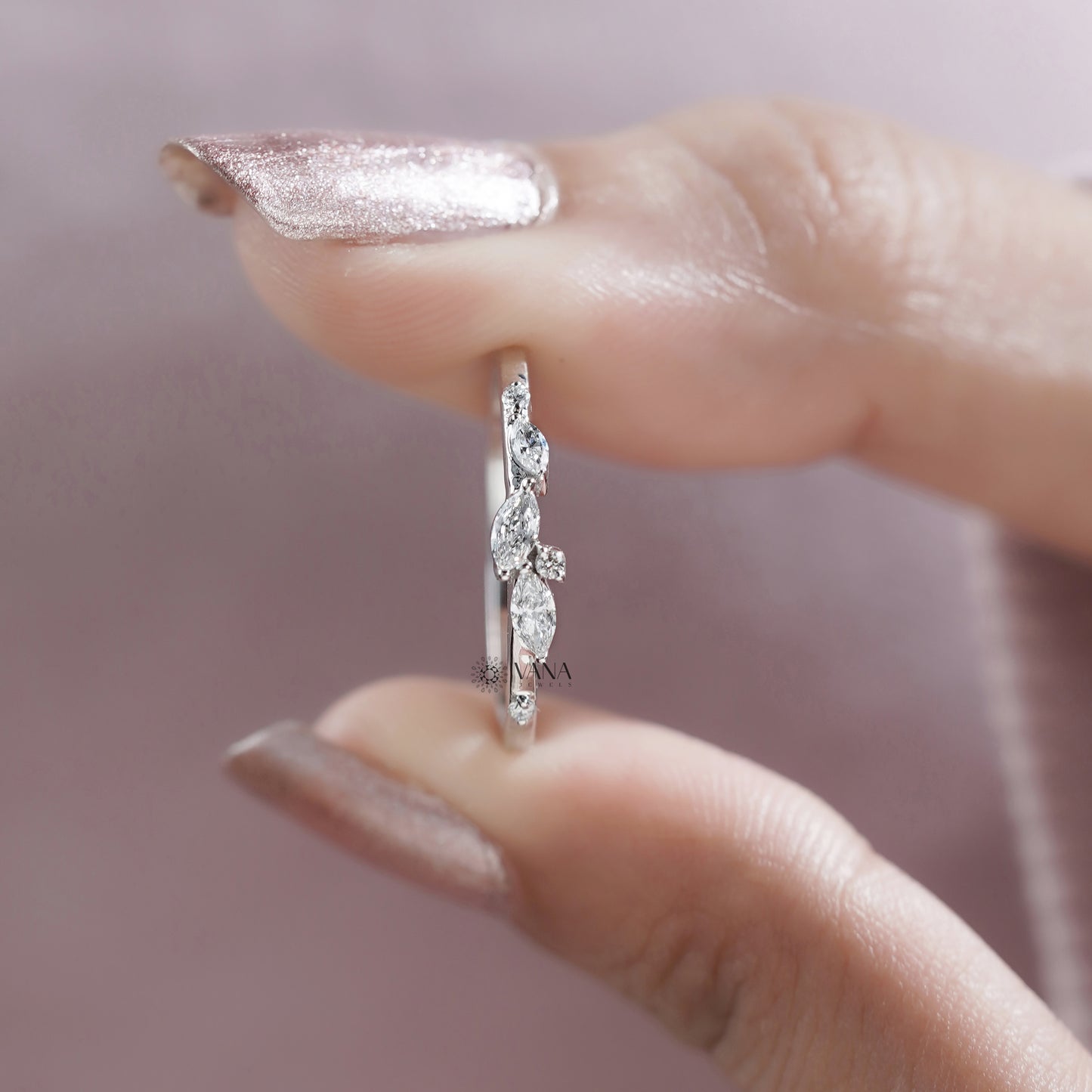 18K White Gold Marquise Cut Lab Grown Diamond Wedding Band, Dainty Stacking Ring