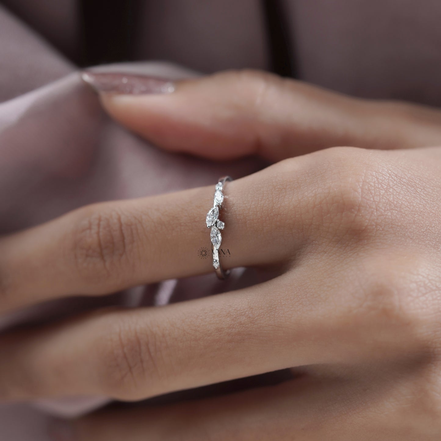 18K White Gold Marquise Cut Lab Grown Diamond Wedding Band, Dainty Stacking Ring