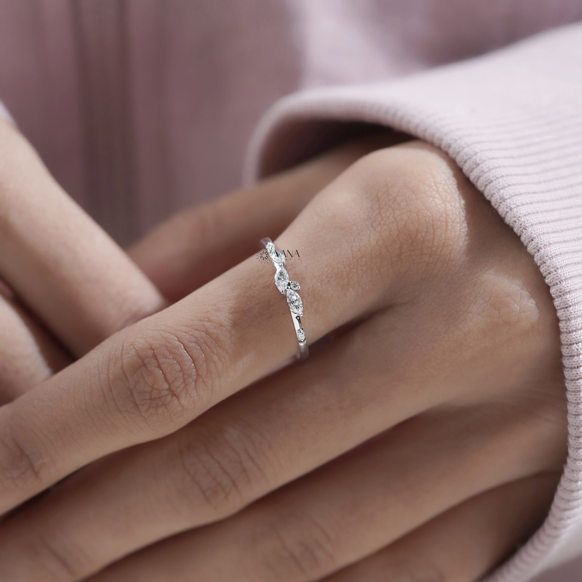 Minimalist Marquise and round cut lab grown diamond eternity band