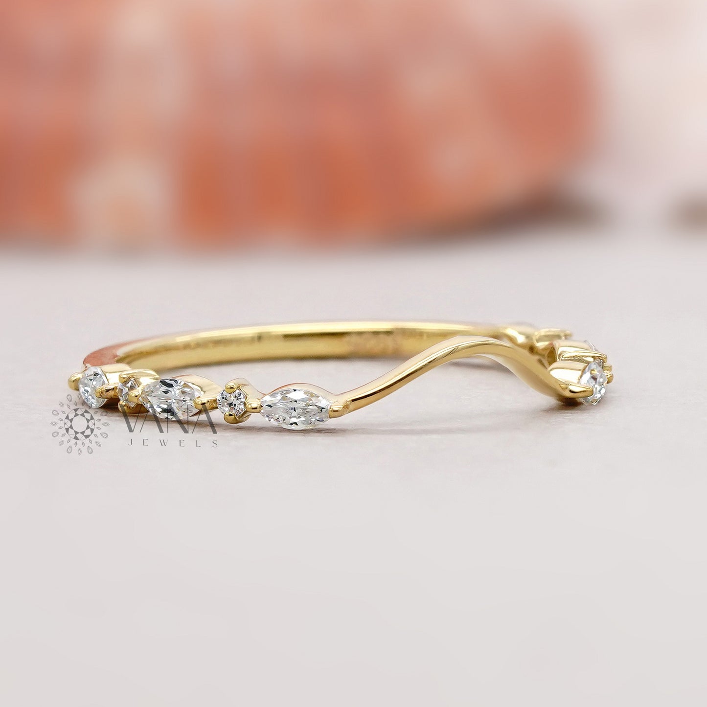 Marquise & Round Diamond Chevron Wedding Band, Lab Grown Diamond Stacking Ring