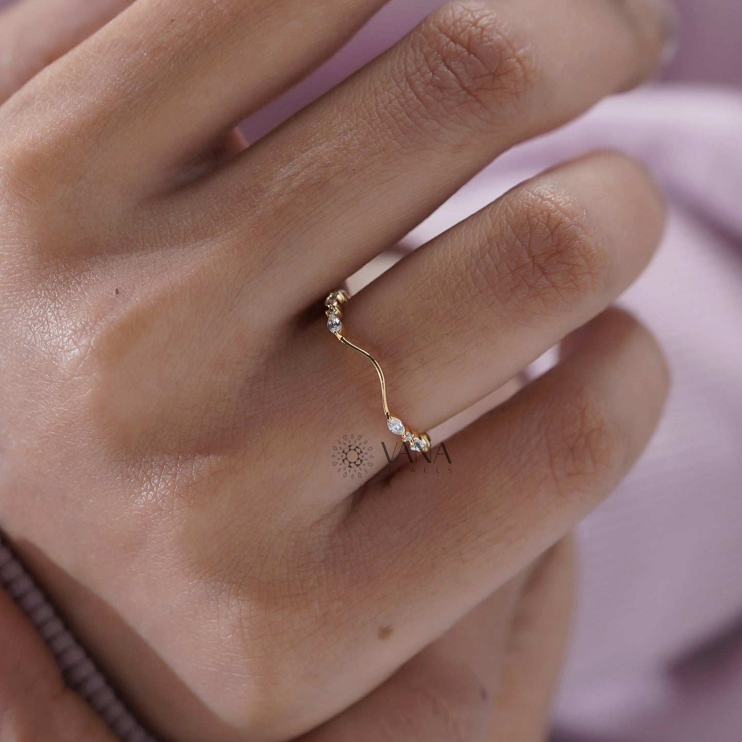 Marquise & Round Diamond Chevron Wedding Band, Lab Grown Diamond Stacking Ring