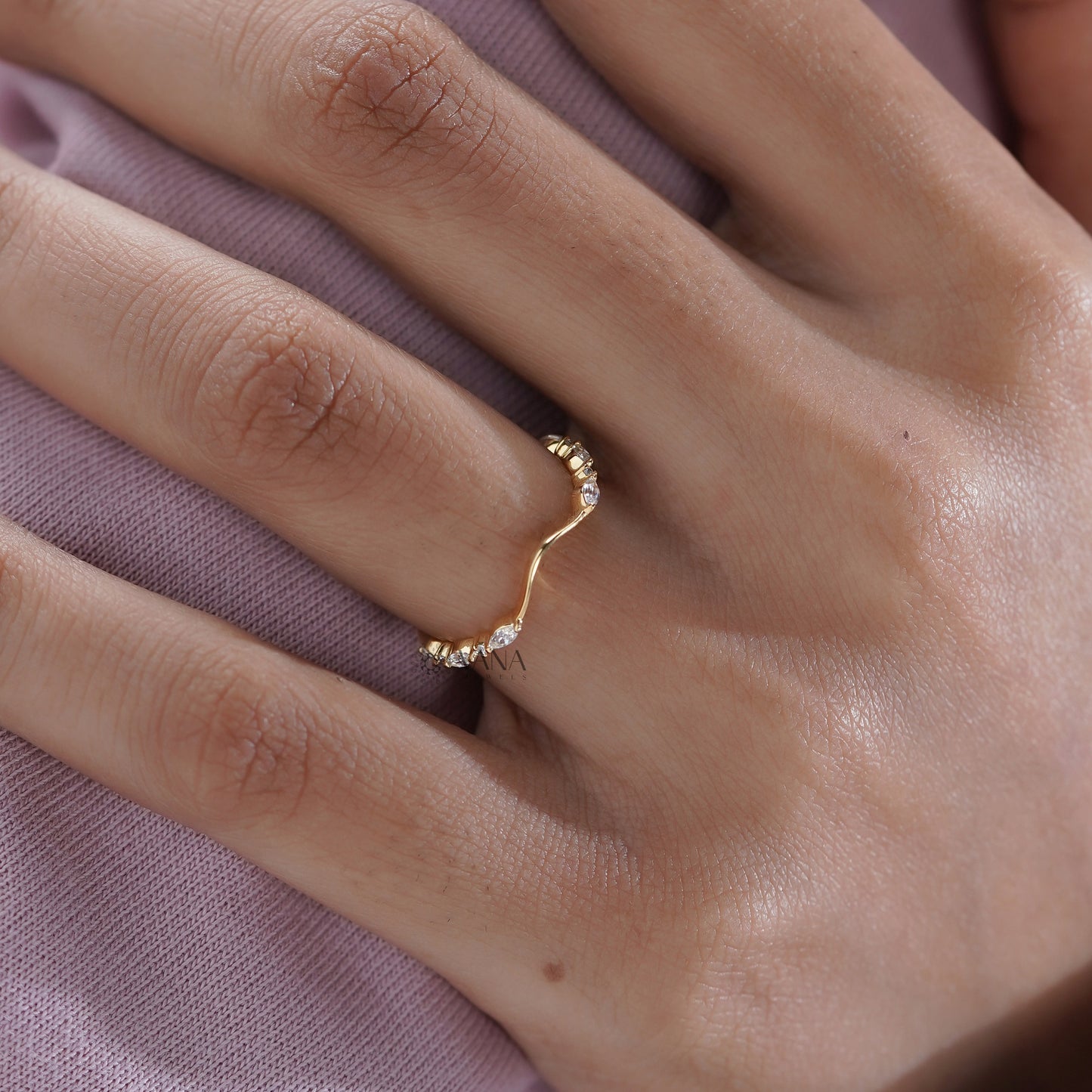 Marquise & Round Diamond Chevron Wedding Band, Lab Grown Diamond Stacking Ring