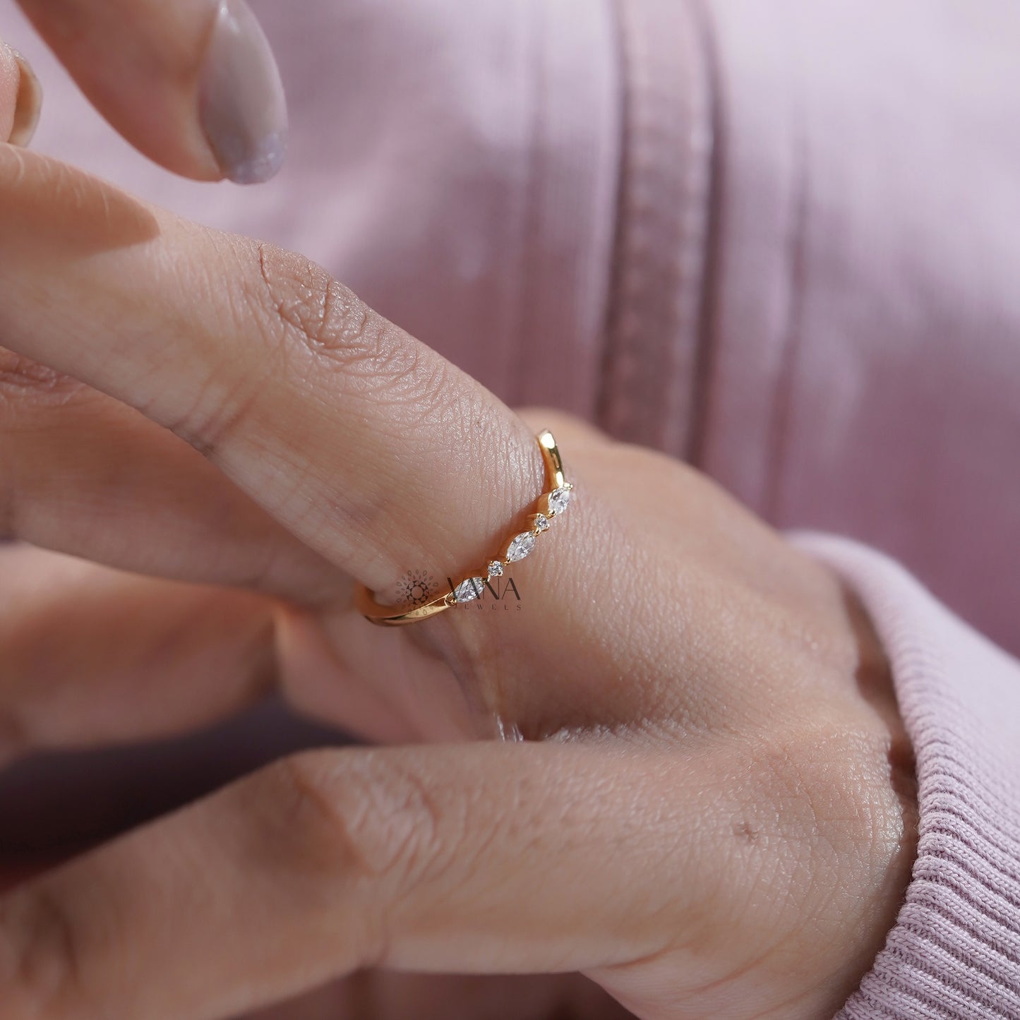 Marquise & Round Diamond Chevron Wedding Band, Lab Grown Diamond Stacking Ring