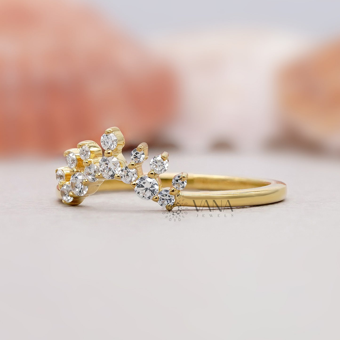 Crown Diamond Band Ring Guard in Yellow Gold Lab Grown Diamond Stacking Ring