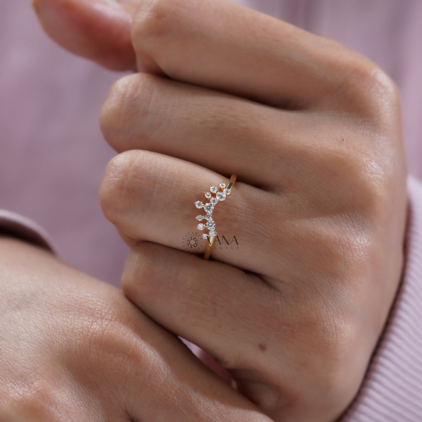 Crown Diamond Band Ring Guard in Yellow Gold Lab Grown Diamond Stacking Ring