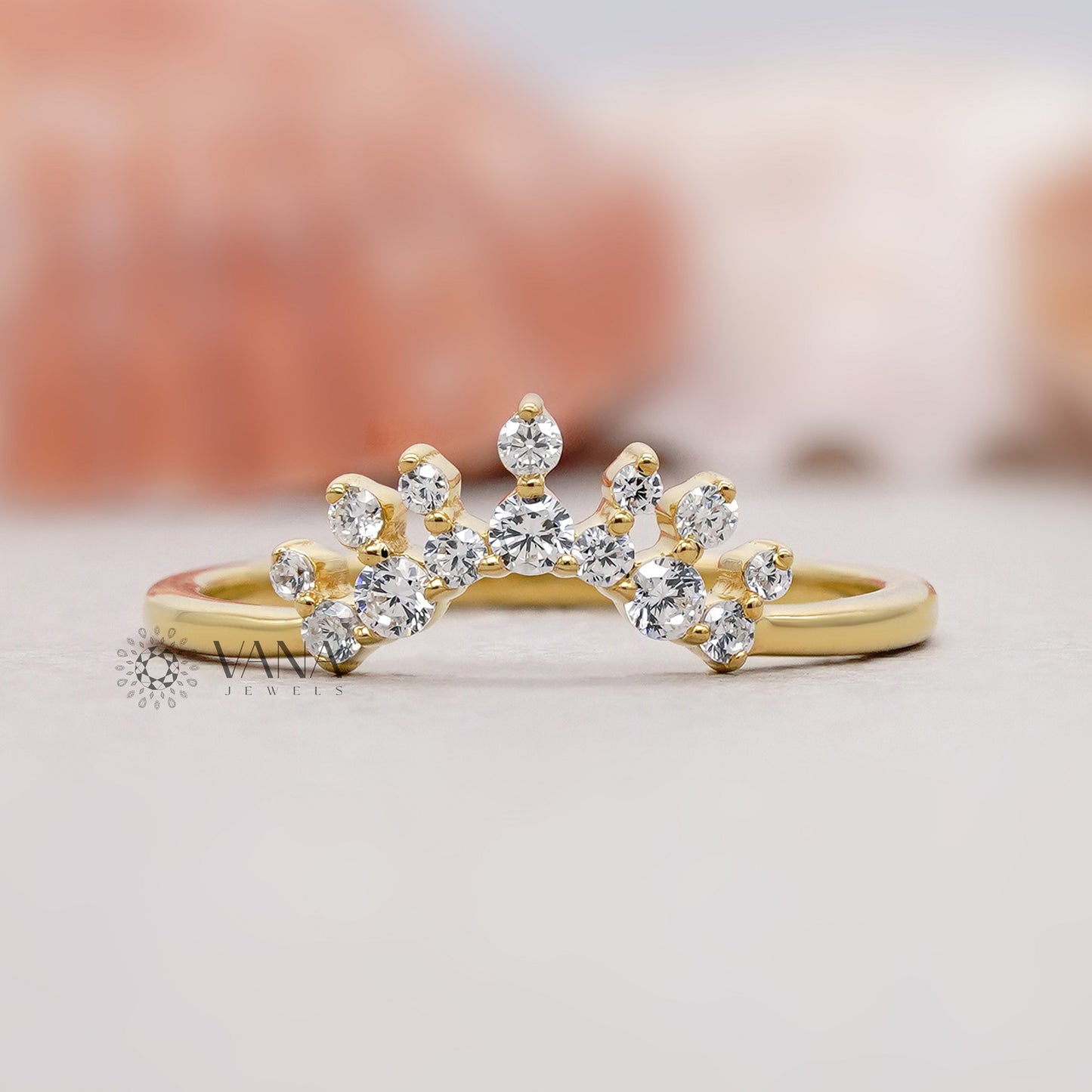 Crown Diamond Band Ring Guard in Yellow Gold Lab Grown Diamond Stacking Ring