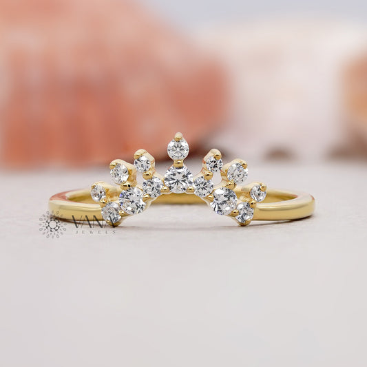 Crown Diamond Band Ring Guard in Yellow Gold Lab Grown Diamond Stacking Ring