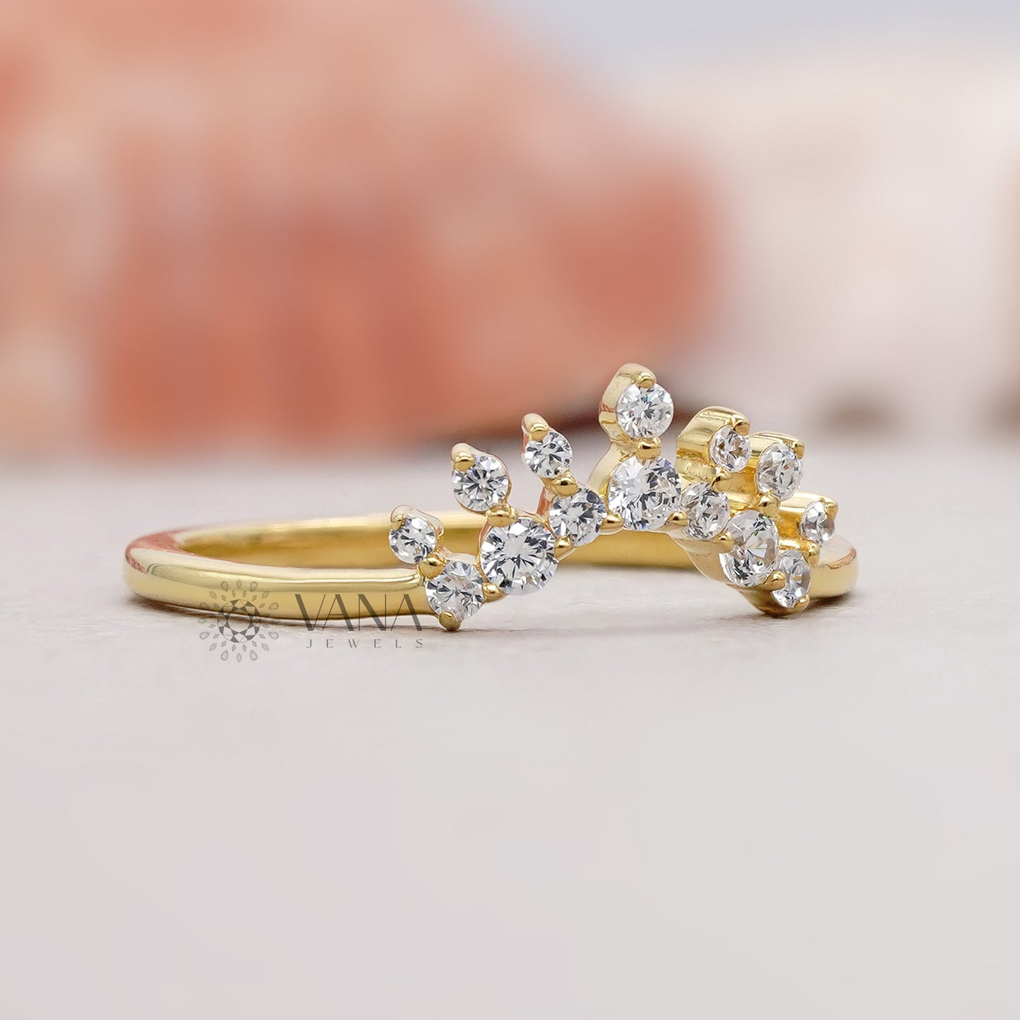 Crown Diamond Band Ring Guard in Yellow Gold Lab Grown Diamond Stacking Ring