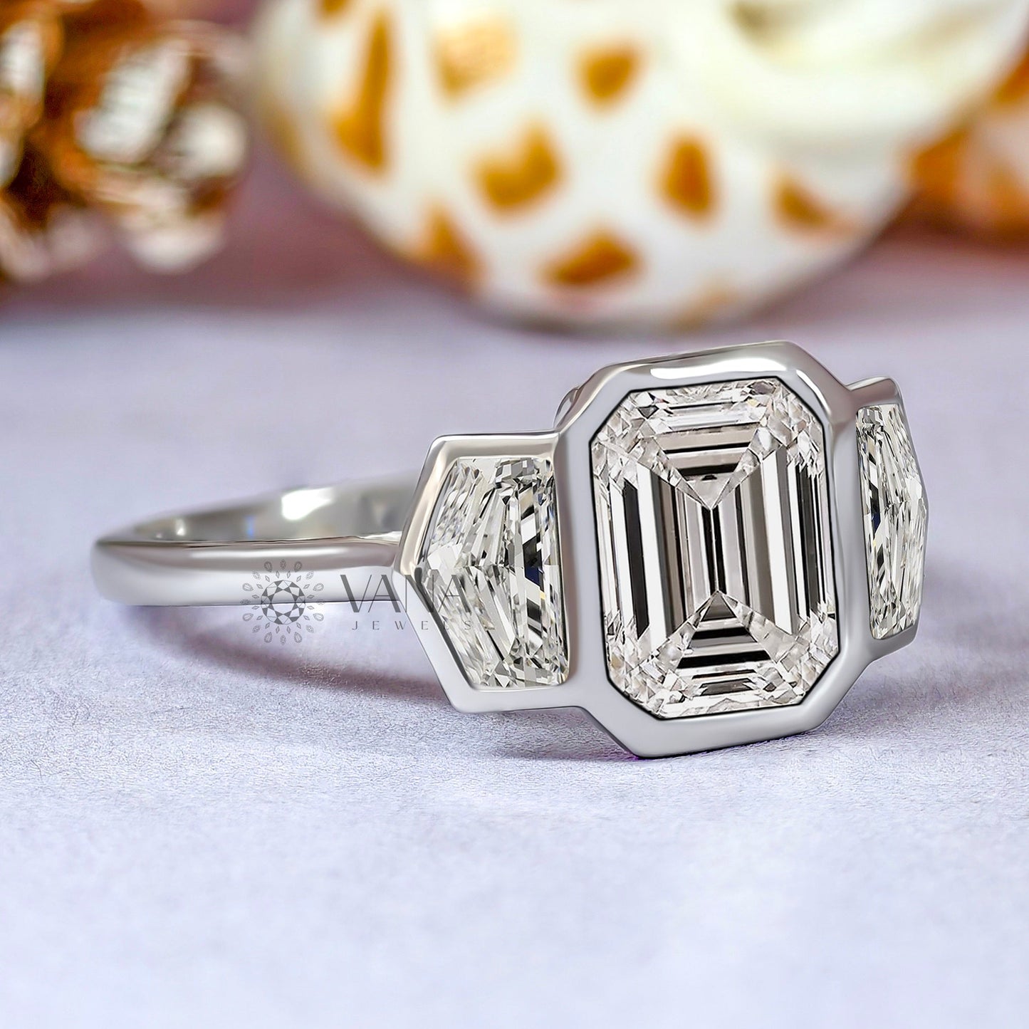 Bezel Set Emerald Cut Moissanite Three Stone Engagement Ring with Cadillac Side Stones